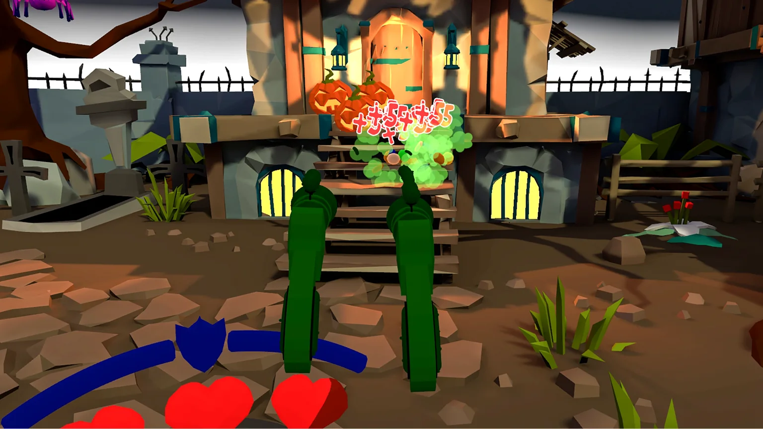 Pickle guns blasting pumpkin monsters in a Halloween village